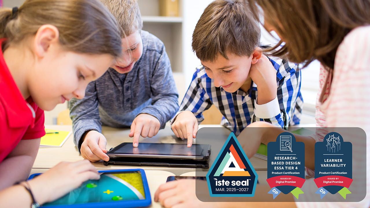 Students collaborating on tablets in a classroom, with visible badges for ISTE Seal, Research-Based Design, and Learner Variability certification from Digital Promise.