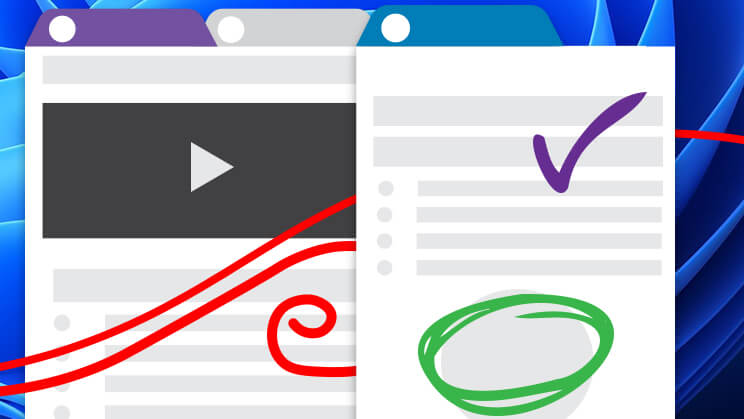 The image illustrates SMART Ink's capability to enhance multimedia presentations and documents with annotations, as seen on a split screen featuring a video player and a text document.