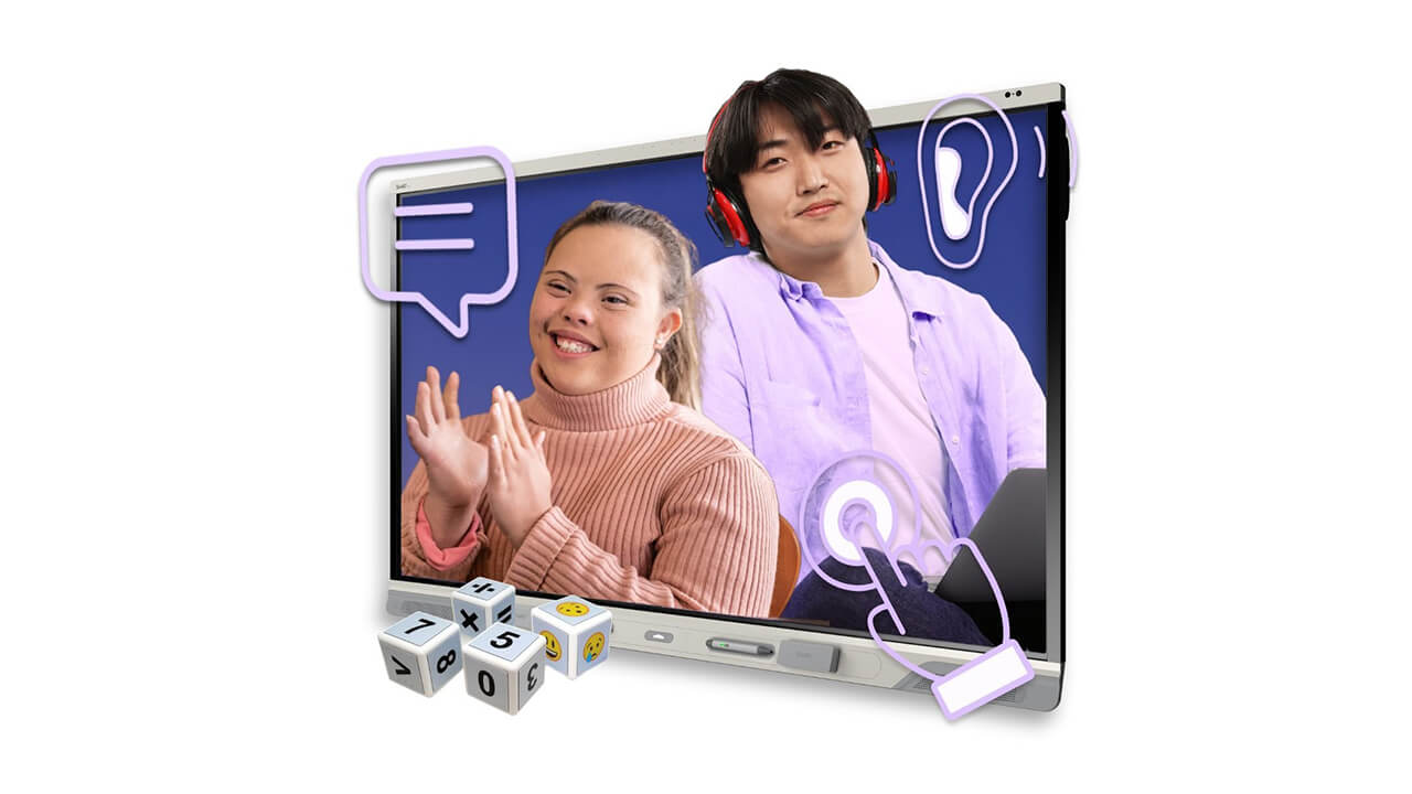 Students with special needs smiling while inset within a SMART Board