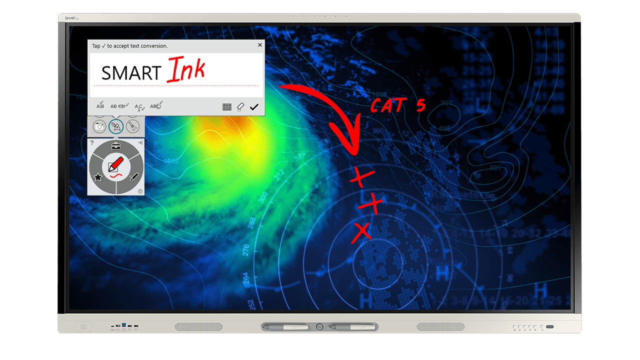 SMART Ink feature in action on a meteorological map displayed on a SMART Board.