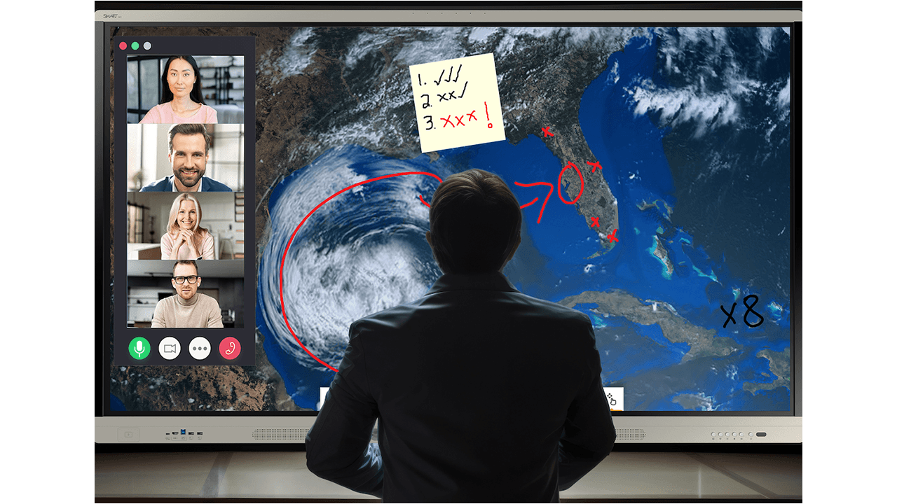 SMART Board facilitating a remote meeting with multiple participants via Microsoft Teams.