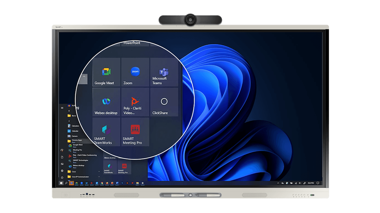  Windows platform on a SMART interactive display with quick access to tools like Teams, Zoom, and Google Meet.