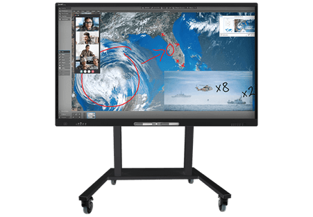 A SMART interactive display mounted on a SMART mobile stand showcasing global connectivity and data streams on a world map, emphasizing its adaptability in various environments.