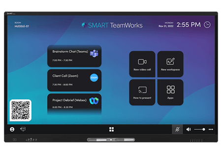 Close-up of an interactive display screen running SMART TeamWorks software, featuring a user-friendly interface with tools like calendar, contacts, and files, enhancing on-premises meeting management.