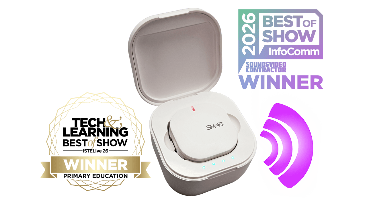 SMART SoundLift with charging case open and transmitter showcasing our awards from ISTE and InfoComm 2026