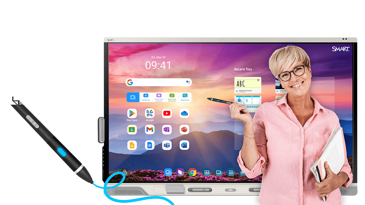 Teacher standing with a SMART Board holding a SMART MultiStylus