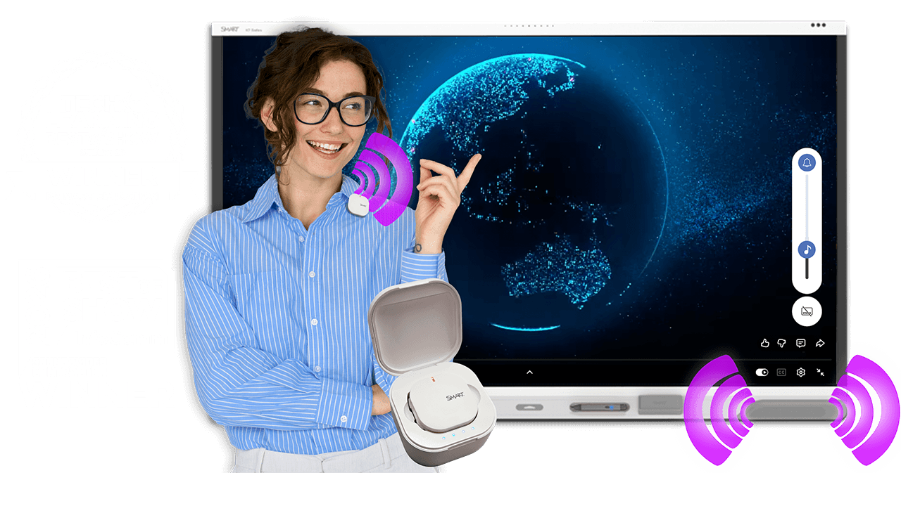 Teacher standing with a SMART Board using a SoundLift microphone showcasing our awards from ISTE and InfoComm 2026
